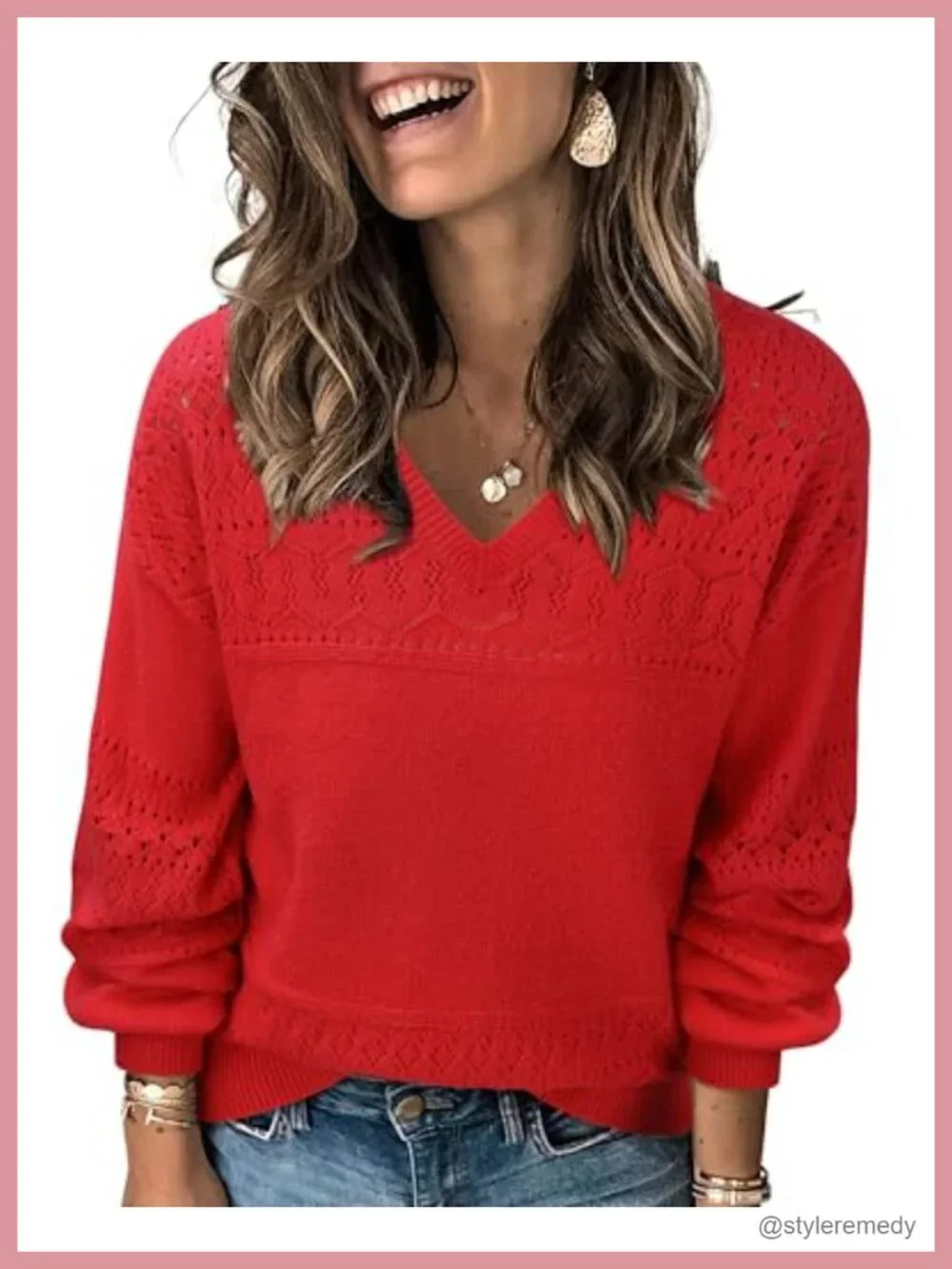Women's V-Neck Long Sleeve Lightweight Knit Pullover Sweater Hollow Out Crochet